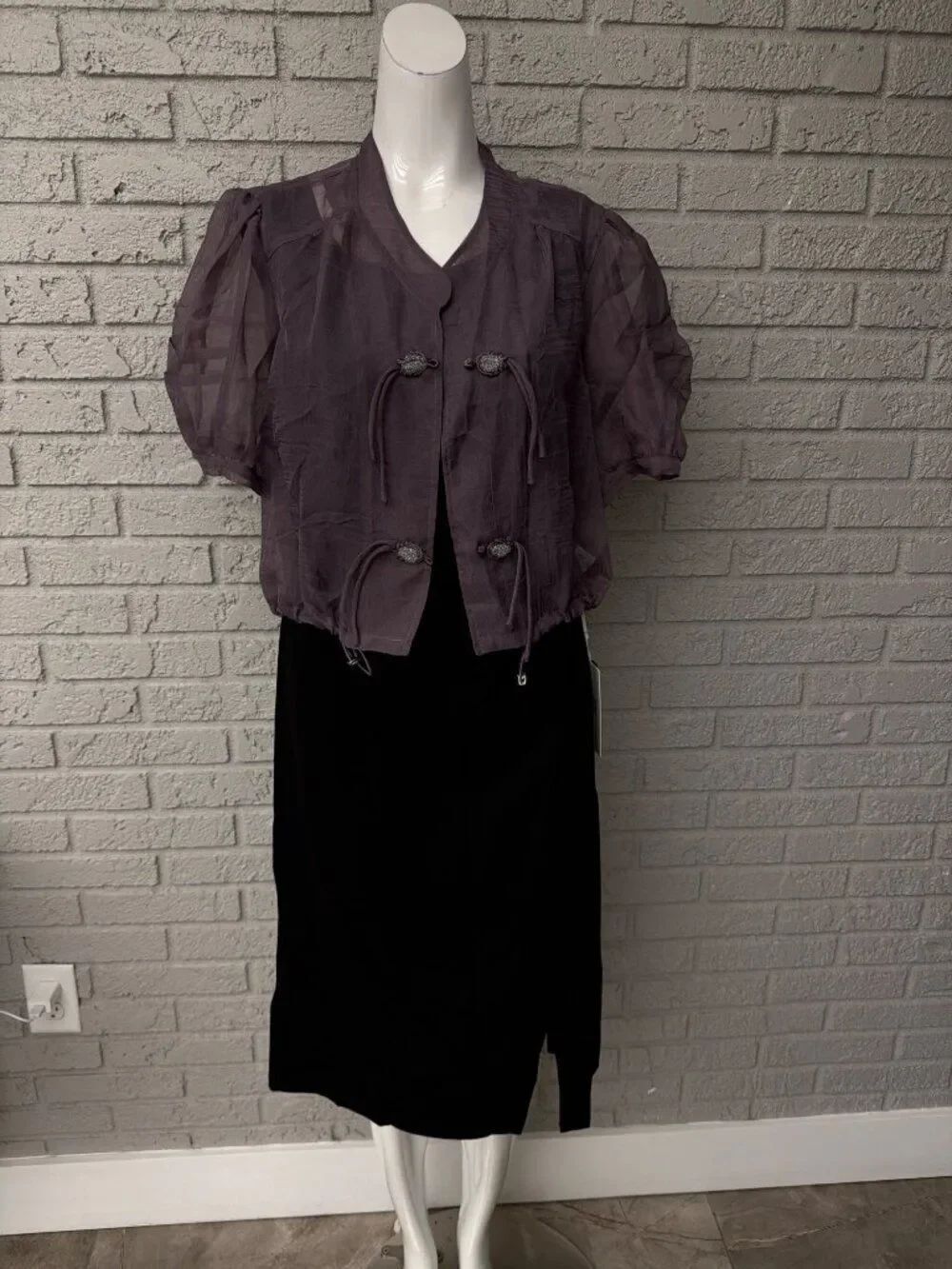Geli Women's Black Ruched Dress & Purple Sheer Puff Sleeve Jacket Set Size S